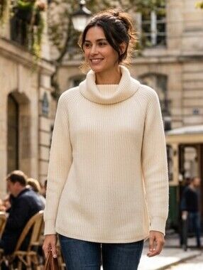 Tahari Women's Neutral Cream Merino Wool Blend Cowl Neck Sweater Size Medium